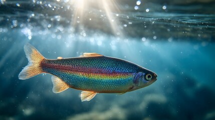 A vibrant rainbow trout swims gracefully in the depths of a clear, sunlit body of water.
