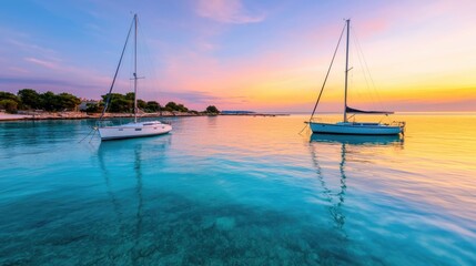 Tranquil bay scene with sailboats moored and reflecting in the still colorful waters during a serene sunset A peaceful and picturesque coastal landscape with a harmonious balance of nature water