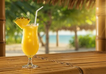 Refreshing Tropical Drink with Pineapple in Sunlit Beach Setting Near Palm Trees