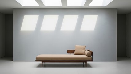 Minimalist interior with modern chaise lounge and skylight shadows, serene contemporary living space featuring natural light and elegant design elements