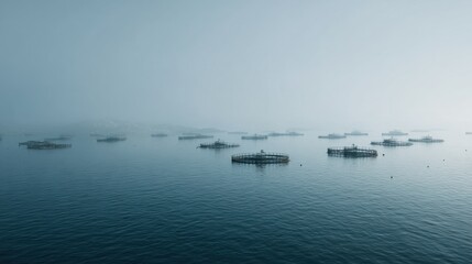 Naklejka premium Aquaculture infrastructure in a misty marine setting for sustainable food sources