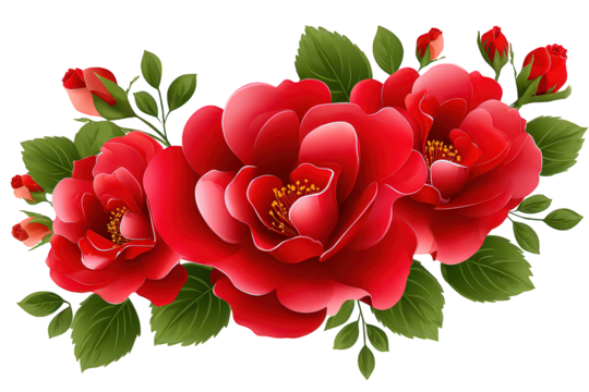 Red Roses Floral Arrangement with Green Leaves on Transparent Background - Powered by Adobe