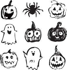 Black and White Halloween Sketches. Cartoon Pumpkins, Happy Ghosts, and Scary Spider.