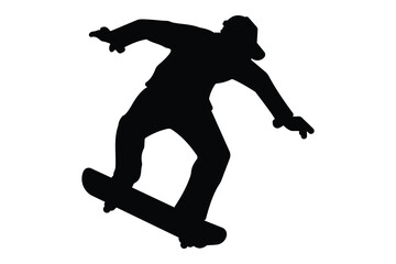 Aman skateboarding silhouette icon. Man skateboarding in the air. Silhouette icon of a man skateboarding. Vector illustration. 