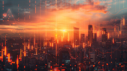 Futuristic digital financial data visualization over modern city skyline at sunset with glowing lights