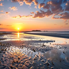 A serene sunset paints the tranquil beach at golden hour, showcasing intricate patterns in the wet sand.