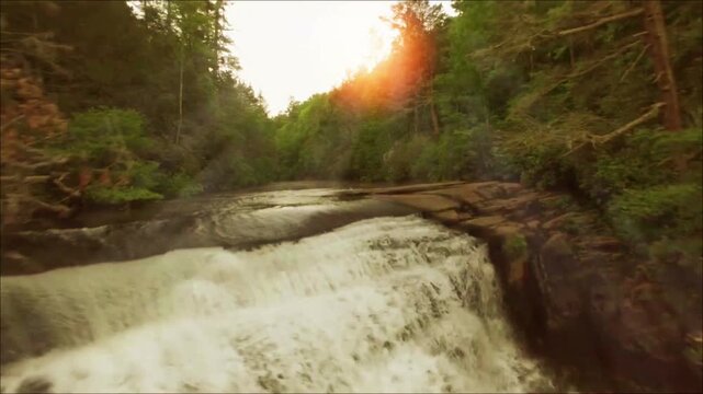 Aerial Drone View of Waterfalls in DuPont Forest Near Brevard, North Carolina at Sunrise