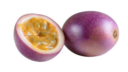 Ripe Purple Passion Fruit Halved Showing Yellow Pulp and Seeds Against Transparent Background