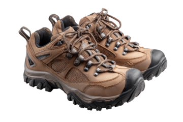 Tan hiking shoes, close-up view, showing durable construction