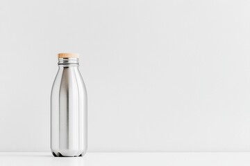 Metal bottle with wooden lid on white background. Minimalist sustainable drinkware, reusable beverage container for eco conscious lifestyle.