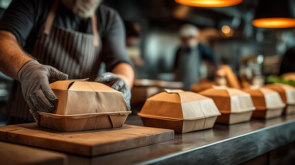 Chef packing takeout boxes in busy restaurant kitchen environment  