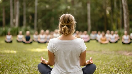 Outdoor yoga class taking place in a serene park setting with a group of people practicing various yoga poses and postures amidst the natural environment of lush greenery trees