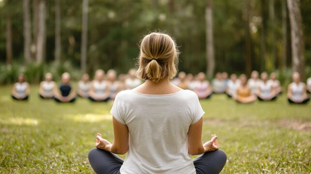 Outdoor yoga class taking place in a serene park setting with a group of people practicing various yoga poses and postures amidst the natural environment of lush greenery trees