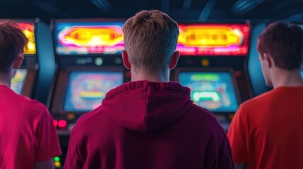 Nostalgic arcade scene featuring a group of friends enjoying classic video games together The image captures the vibrant neon lights retro atmosphere