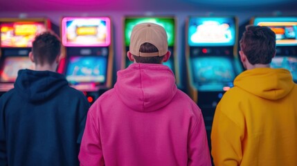 Nostalgic arcade scene with friends gathered around classic video game consoles and screens enjoying a fun and entertaining gaming experience together