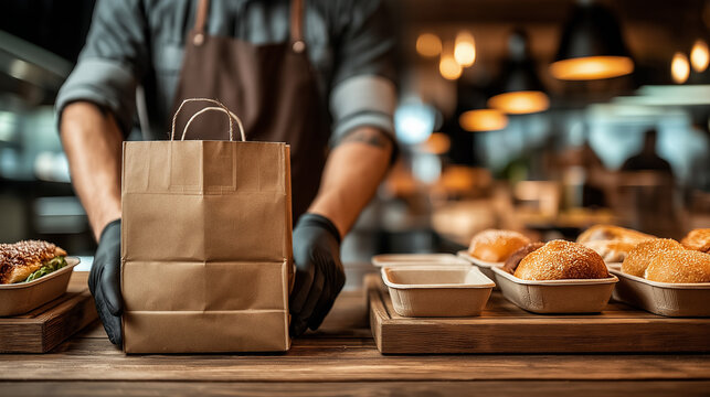 Restaurant worker packing food in paper bag at counter  