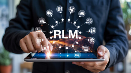 Rlm retail lifecycle management concept with businessman using tablet and digital transformation technology