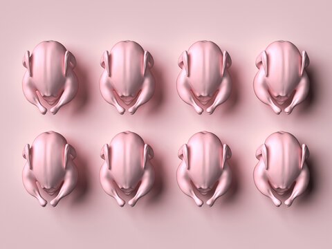 Pink turkeys in a row arranged as 3d render with humor