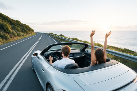 Couple driving convertible car on coastal road during sunset with scenic ocean background, expressing joy and freedom while traveling together.