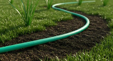 Green Drip Irrigation Pipe in a Field of Grass and Soil