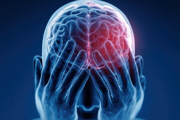 Human Brain Pain Anatomy, Headache and Neurology Concept &mdash; Medical Visualization of Hands Holding Head with Highlighted Red Cerebrum for Migraine, Stress