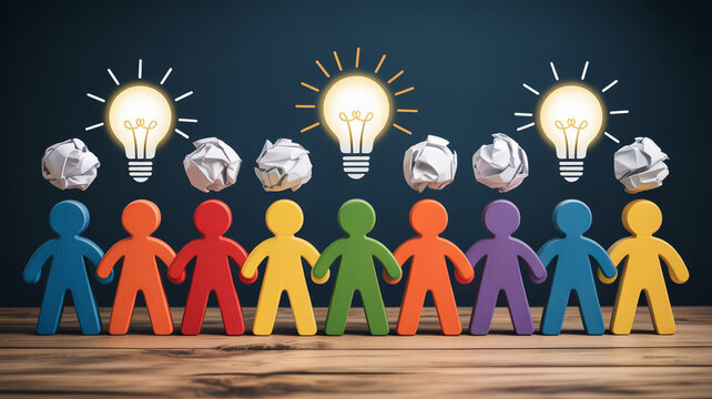 Teamwork brainstorming ideas collaboration innovation creative process lightbulb crumpled paper concept 100