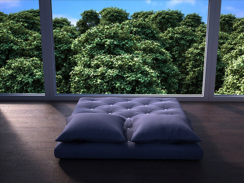 Fototapeta Futon bed in modern room with large window overlooking green forest