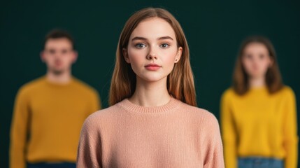 Captivating female model with blonde hair and elegant makeup posing confidently in a vibrant studio setting with a green and yellow backdrop exuding a sense of sophistication and allure