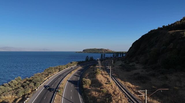 Aerial View of Lake Sevan Armenia &ndash; Mountains, Road, Waves, and Peninsula