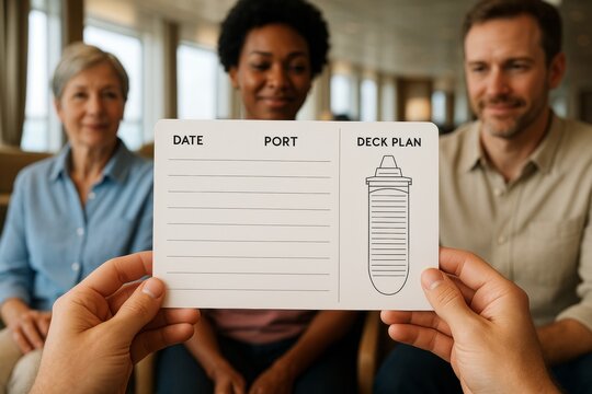 Blank cruise itinerary card held in hands with deck plan design, showing three people in background on ship interior with soft light focus concept. Ai generative