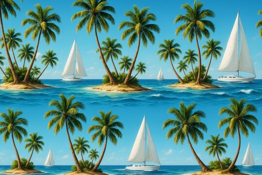 Tropical islands with palm trees and sailboats floating on blue ocean waves under clear sky, seamless pattern background design concept. Ai generative - Powered by Adobe
