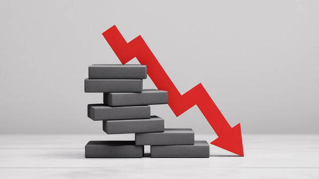 Stock market crash concept with red arrow falling down on gray steps financial crisis and recession 3d