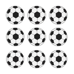 Collection of nine classic black and white soccer balls arranged in a grid on a white background