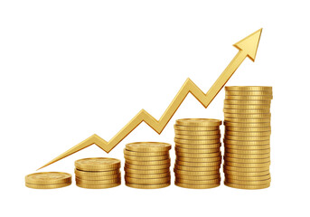 Stacks of gold coins with a rising arrow chart showing growth. Isolated on transparent background, png