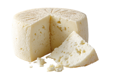 Round, off-white cheese wheel, sliced, with a wedge removed.  Visible interior shows a mottled texture.  Crumbly cheese pieces lie beneath