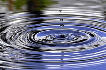 Water droplet impact creating concentric ripples on a still surface