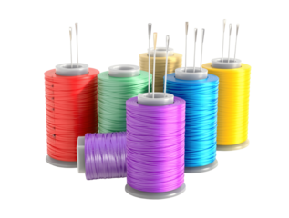 A vibrant collection of thread spools in red, green, purple, cyan, and yellow colors. Isolated on a black background, the detailed spools display winding threads.