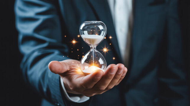 Hourglass in hand time management concept business deadline and productivity focus strategy planning 100