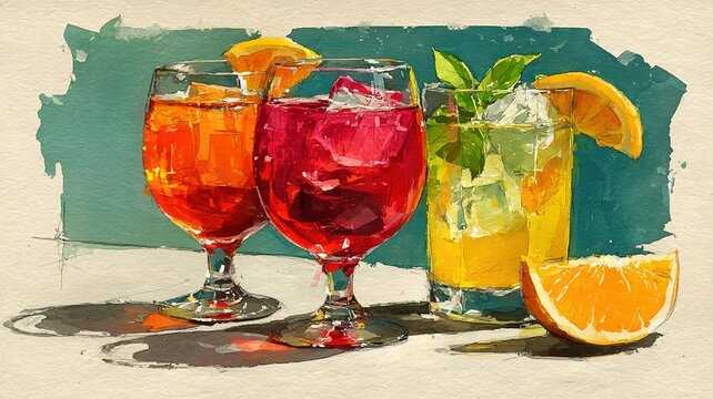 Four Watercolor Cocktail Illustrations with Red Drinks, Italian Spritz with Orange Slice on White Background for Menu Design
