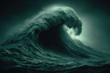 Dark, towering wave against a stormy night