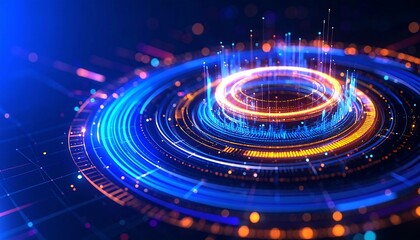 Futuristic Digital Visualization of Data Flow and Information Processing in Blue and Orange