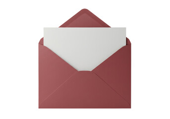 Isolated open envelope with a blank card or letter, greeting, invitation, announcement