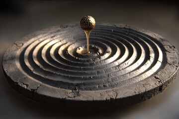 Abstract circular stone plate with concentric rings, a golden sphere on a liquid stem, creating a visual of ripples