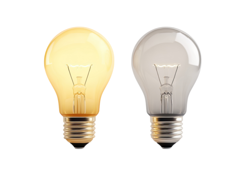 Two light bulbs, one warm yellow, one cool white, on a plain background.  They are identical in shape and appear realistic