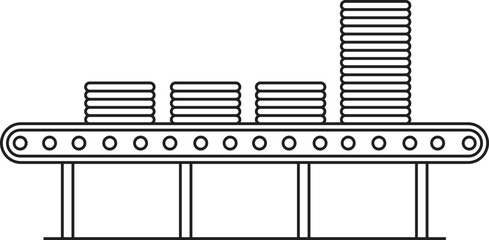 Conveyor belt icon in line style. Industrial production symbol, manufacturing factory automation equipment illustration, logistics machinery process vector design isolated on transparent background.