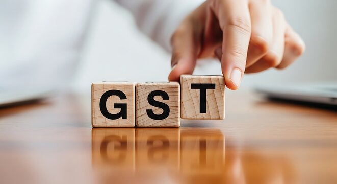 Hand arranging wooden blocks spelling gst symbolizing goods and services tax and financial planning