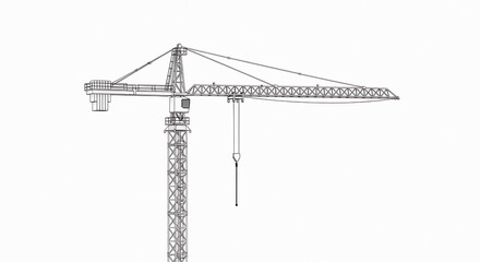 A detailed line drawing of a towering construction crane showcasing its intricate lattice structure and long jib arm against a stark white background symbolizing industry and progress
