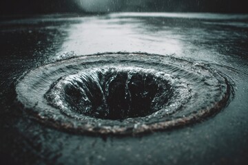 Rainwater swirling into a dark circular drain