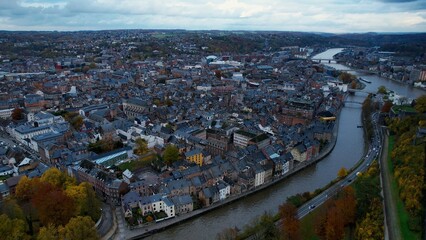 An aerial panorama view around the downtown of the City Namur In Belgium on a cloudy spring afternoon