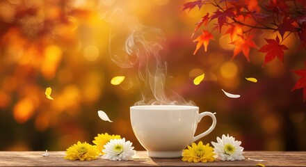 Enjoy a warm cup of autumn bliss with vibrant foliage, perfect for cozy days and seasonal promotions, offering comfort and a touch of nature's beauty.